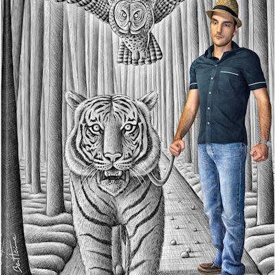 Pencil vs. Camera - 74 - Tiger and Owl - Canvas Print